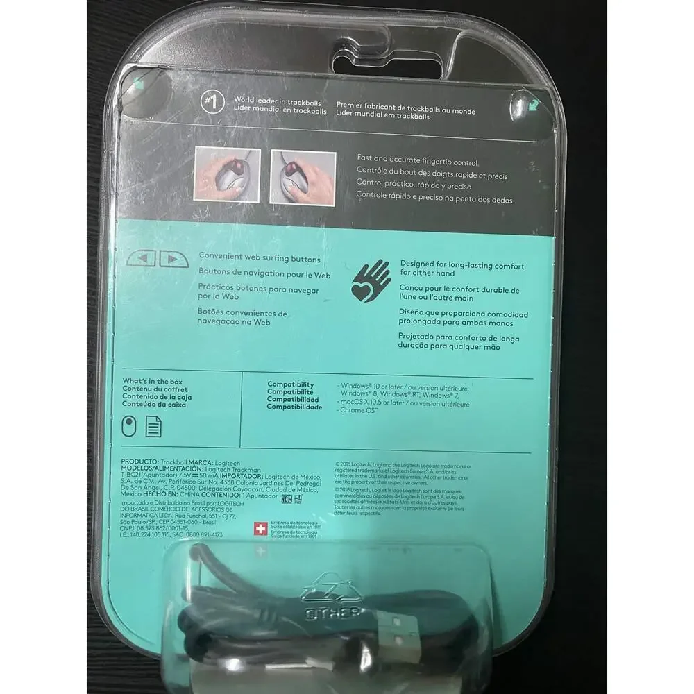 Logitech TRACKMAN Corded Trackball Mouse T-BC21 Wired USB (Sealed)